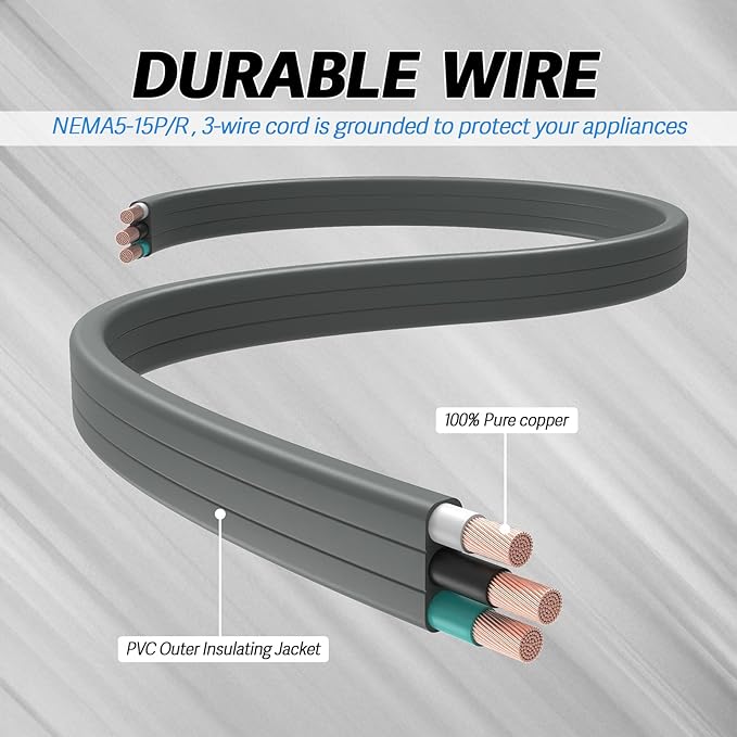 EP 9 Ft 3 Outlet Extension Cord with Flat Plug, 3 Prong Grounded, 16/3 SPT-3 Power Cable for Indoor Use, Grey, 2 Pack