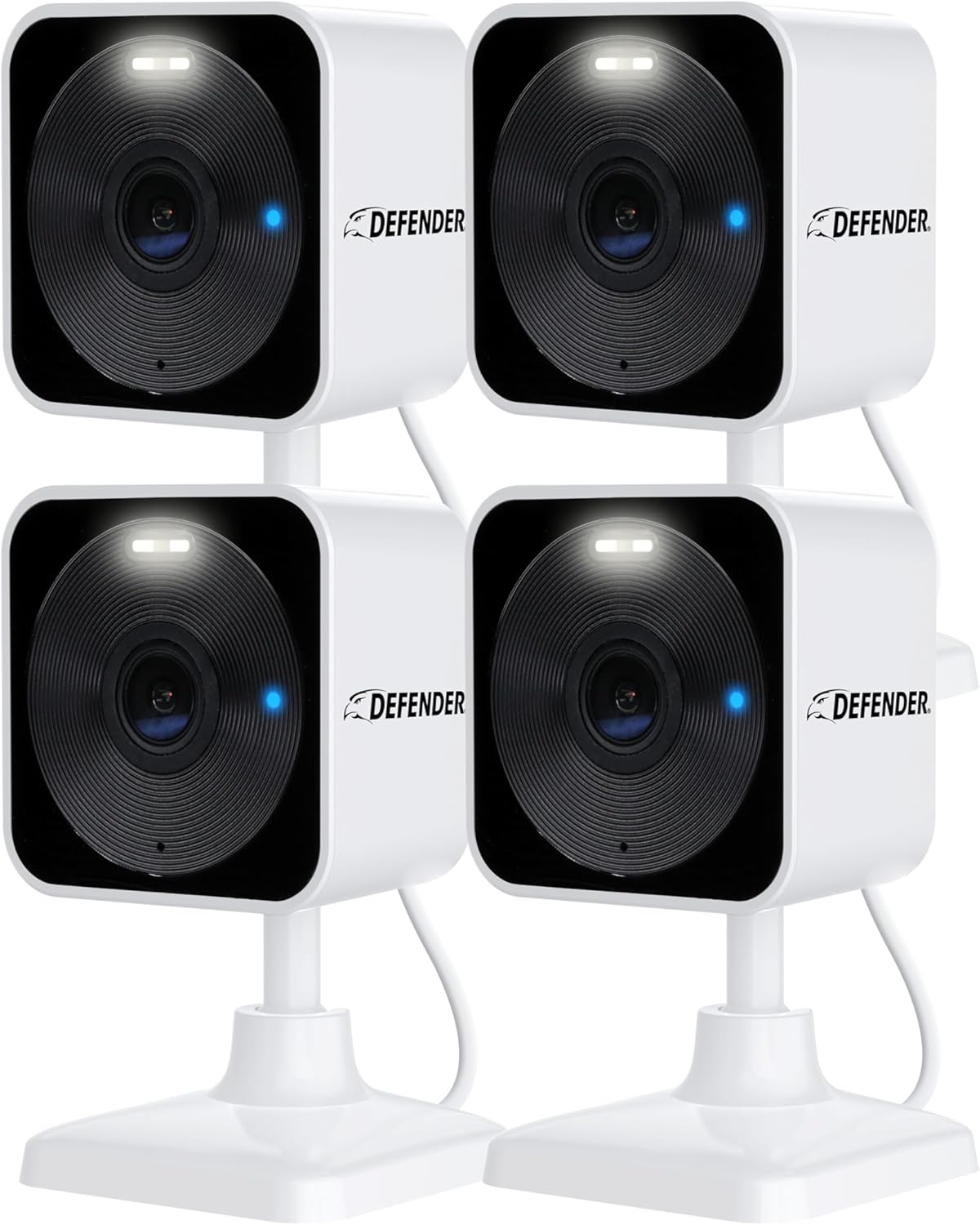 Defender GO 2K AI Powered Plug-in Indoor/Outdoor Home Business, Pet, Baby Camera, AI Detection, Dual Band Connection, Spotlight/Siren, Color Night Vision, 2-Way Talk, Works w/ClearVu App, 4 Pack