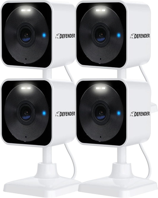 Defender GO 2K AI Powered Plug-in Indoor/Outdoor Home Business, Pet, Baby Camera, AI Detection, Dual Band Connection, Spotlight/Siren, Color Night Vision, 2-Way Talk, Works w/ClearVu App, 4 Pack