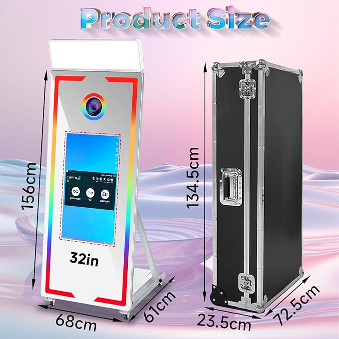 Mirror Photo Booth with Camera and Printer, 65" Magic Mirror Photo Booth, 32" Touch Screen Built-in Mini PC with Instant Print and Sharing, Music Sync Control RGB Light (White, 65-32" Full Set)