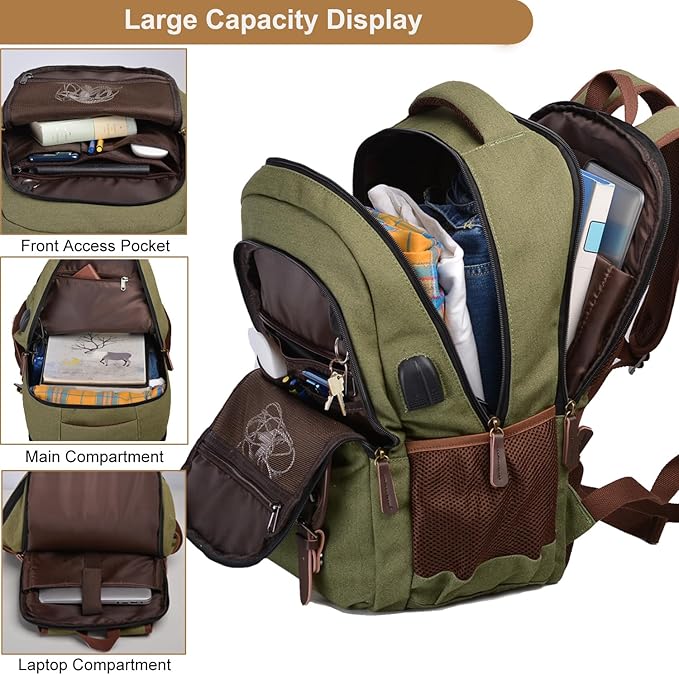 Mactso Canvas Travel Laptop Backpack for Men Women, Business Work Rucksack College Computer Bag Fits 17.3 Inch Notebook,Bookbag with USB Charging Port (Green, 17.3 Inch)