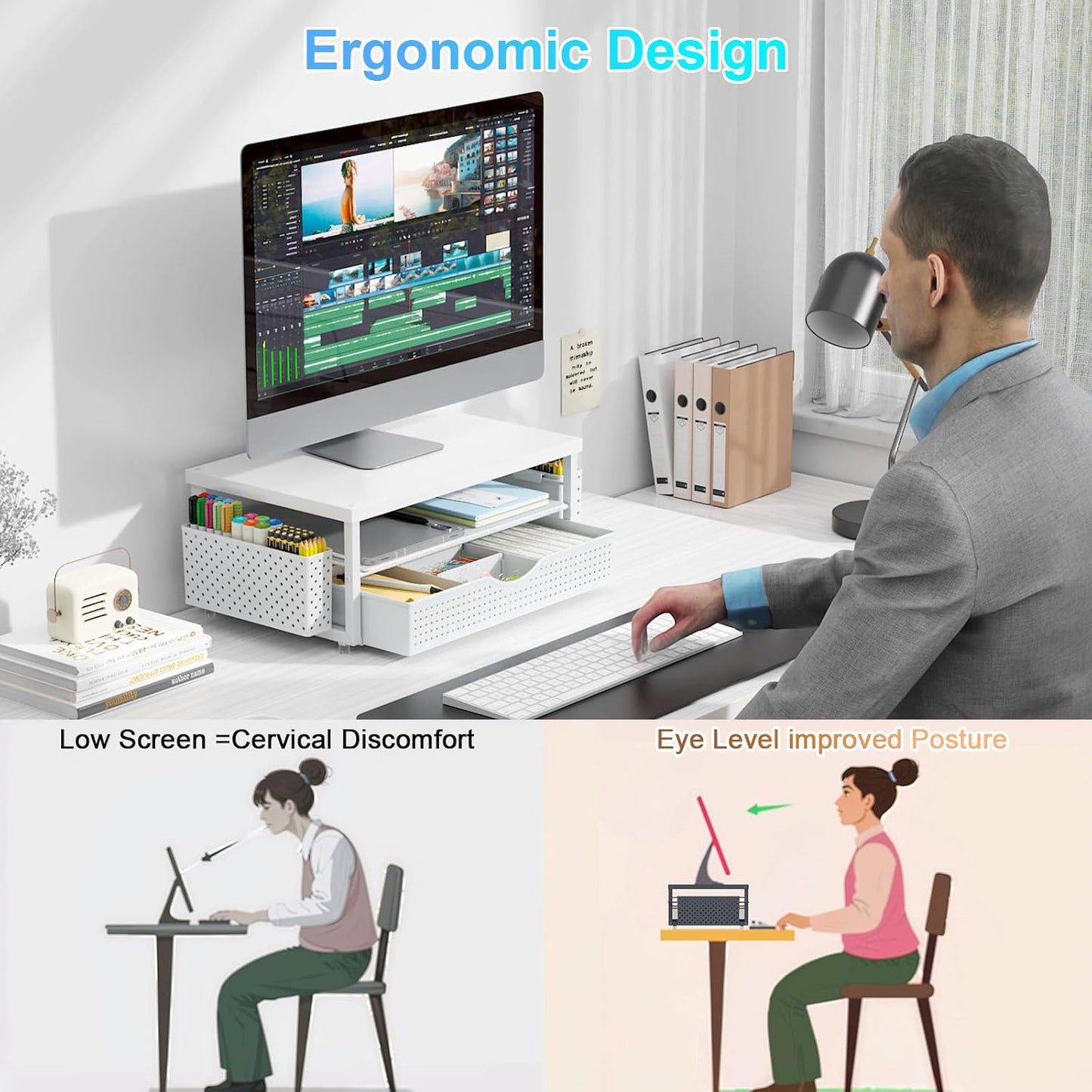 gianotter Wood Monitor Stand Riser, Office Desk Shelf Organizer, Desk Organizer with Drawer and Pen Holder, 2-Tier Computer Stand, Office Organization (Matte White)