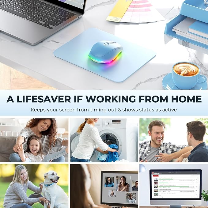 PEIOUS Wireless Mouse Jiggler - LED Wireless Mice with Build-in Mouse Mover, Rechargeable Moving Mouse for Laptop with Undetectable Random Movement Keeps Computers Awake - Blue to White