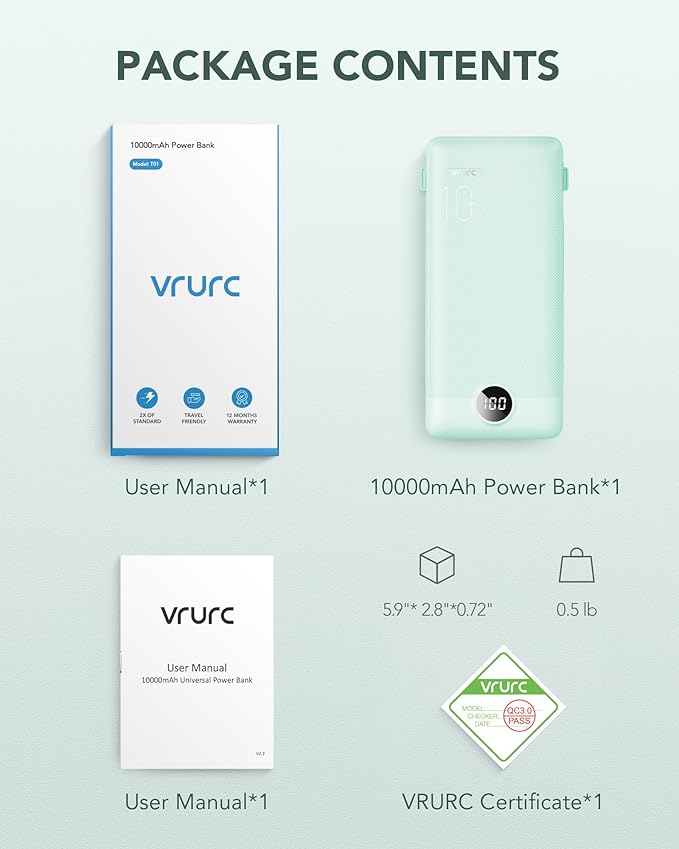 VRURC Portable Charger Built-in Cables and AC Wall Plug, USB C Power Bank 10000mAh, Travel Battery Portable Phone Charger Compact Lightweight External Battery Pack for Smart Phones, Tablets etc-Green