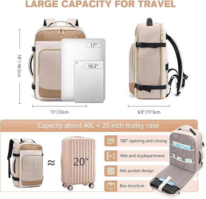 VNINE Travel Backpack for Women Men: 40L Large Carry on Backpack 17 Inch Laptop Backpack Flight Approved Business Work Bag Water Resistant Luggage Daypack Weekender Bag for College Hiking Overnight