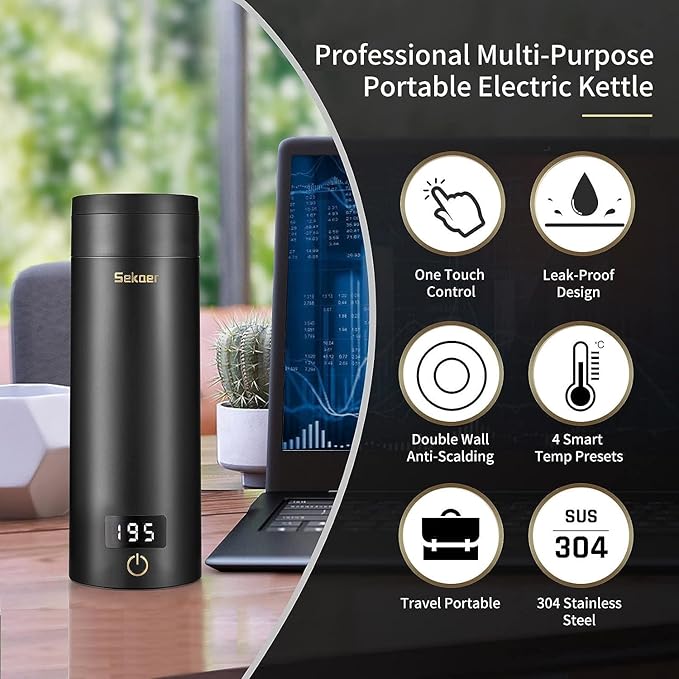 Sekaer Travel Electric Tea Kettle Portable Small Mini Coffee Kettle, with 4 Variable Presets, Personal Hot Water Boiler 304 Stainless Steel with Auto Shut-Off & Boil Dry Protection, SY-618B
