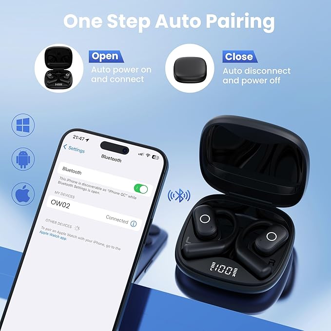YHO Open Ear Headphones Ear Buds Wireless Earbuds 80Hrs Playtime Bluetooth Ear Buds with Earhooks Bluetooth 5.4 Touch Control Air Conduction Sport Headsets IPX7 Waterproof Earphones for Running