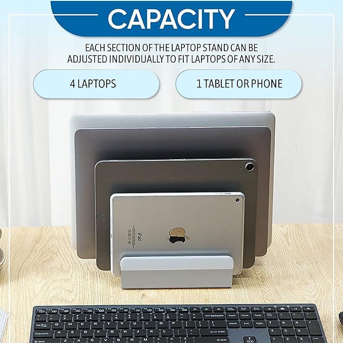 Elestoria Adjustable Laptop Stand - Fits 5 Devices, Modern Design, Tool Free Adjustment, Protective & Stable | Grey