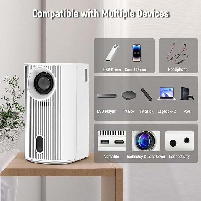 Projector 4K with WiFi and Bluetooth, Portable Projector with Sensorless Auto Focus, Outdoor Movie Projector 120'' Screen Compatible with HDMI/USB/Smartphone/PC/Laptop