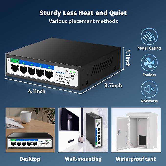 5-Port Ethernet PoE Switch (4 PoE Ports, 1 Uplink) with Extend Function, Easy Smart Managed Ethernet Switch, Plug & Play, Fanless Metal Design, VLAN, Qos,Desktop/Wall Mount