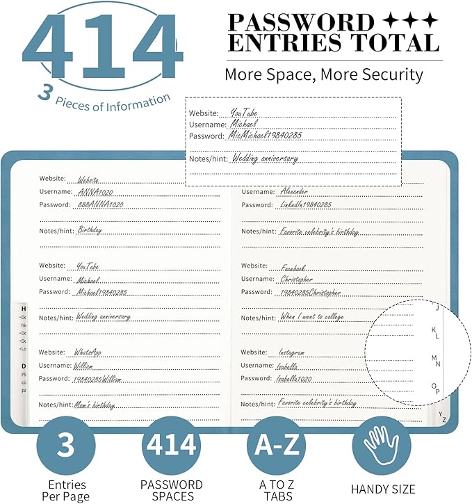 Password Book with Alphabetical Tabs, 4.5"x5.9"Small Pocket Password Keeper Book, 160 Pages/100GSM Hardcover Notebook, Password Organizer for Internet Website Address Login