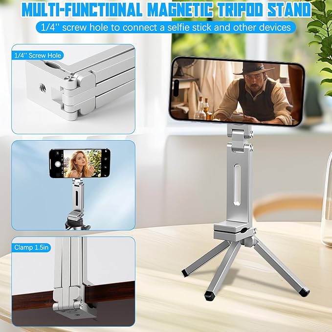 Magnetic Phone Tripod Stand for iPhone 16/15/14/13/12 Plus Pro Max Series, Aluminium Smartphone Mini Tripod Pocket Cellphone Stand, Adjustable and Foldable Magnetic Phone Holder Mountp