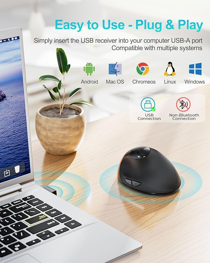 Lekvey Ergonomic Mouse, Vertical Wireless Mouse for Small/Medium Hands, Rechargeable with USB Receiver, 3 DPI for Comfort, Relieves Wrist Pain, Carpal Tunnel Mouse for Laptop, PC, Computer, Mac, Black