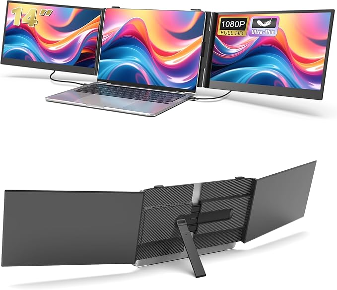 14" Triple Laptop Screen Extender, 1080P FHD IPS Ultra-Slim Portable Dual Monitor for Laptop, USB C HDMI Plug-Play Monitor Extender for Triple Display for MacOS/Windows, Fits 13-17.3" Laptops