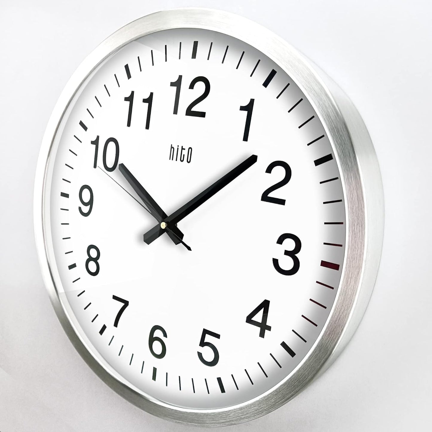 HITO 16" Silent Wall Clock Battery Operated Non Ticking Sweep Movement Glass Cover Silver Aluminum Frame, for Kitchen, Bedroom, Home Office, Living Room Decor