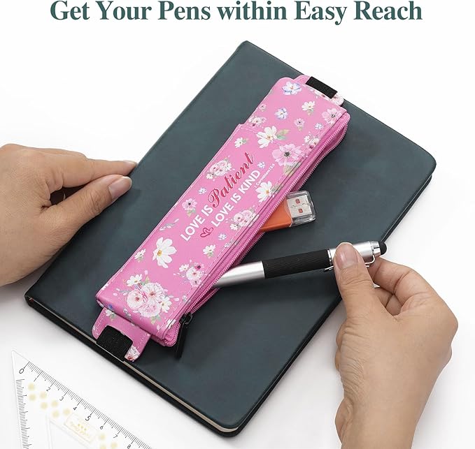 MoKo Elastic Pen Holder for Notebook, 4 Pieces PU Leather Pencil Case with Pocket Adjustable Band, Stationery School Supplies Zipper Bag for Planners, Journals, Book