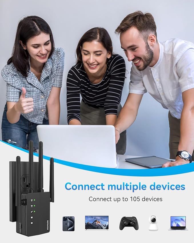 WiFi Extender Signal Booster, 12880 Sq.Ft Range, 105 Device Compatibility, Dual Band 5GHz/2.4GHz, 1200Mbps, WiFi Extender for Expanded Coverage