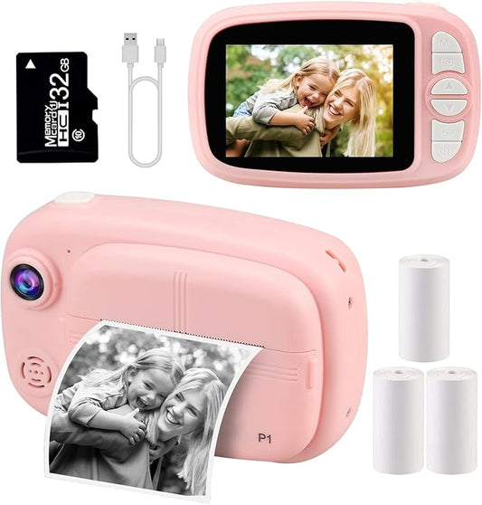 Kids Instant Camera, Mijiaowatch 12MP/1080P Kids Digital Print Camera, 3.5 Inch Print Cameras for Kids with Print Paper 32GB TF Card, Video Photo Recorder 3 in 1 Gift for Girls Boys Ages 3-14 (Pink)