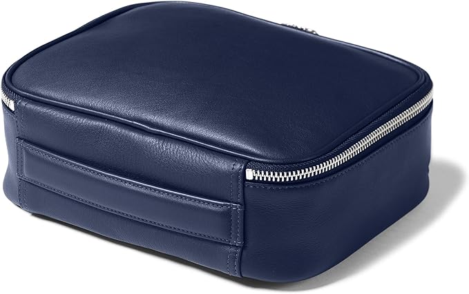 Leatherology Navy Blue Large Travel Organizer – Full-Grain Leather Toiletry Bag with Zipped Mesh Pocket, Elastic Loops & Double Metal Zipper – Travel Storage for Cables, Toiletries & Essentials