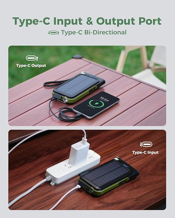 GOODaaa Solar Power Bank, 45800mAh Wireless Portable Charger Built-in Cables,15W Fast Charging Solar Charger, USB C in&Out and USB A Battery Pack for Outdoor with Emergency Radio,Flashlight