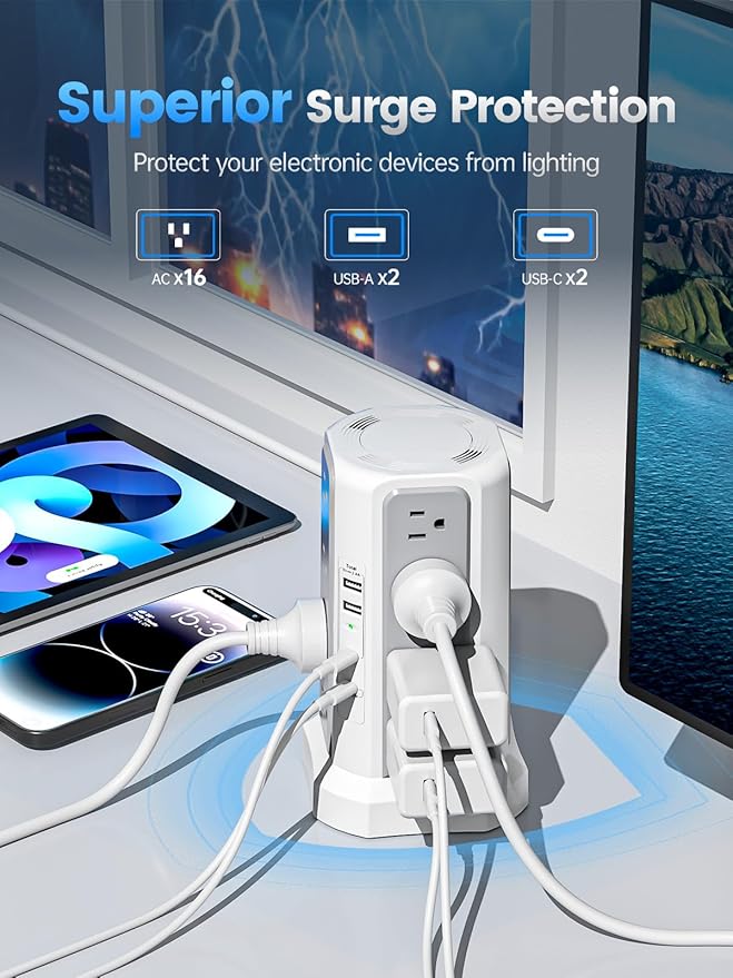 Surge Protector Power Strip with PD20W USB C,13A Thicker Extension Cord with Multiple Outlets 6FT Fararaka Tower Power Strip with USB Ports 2A2C,16AC,Office Supplies Dorm Essentials