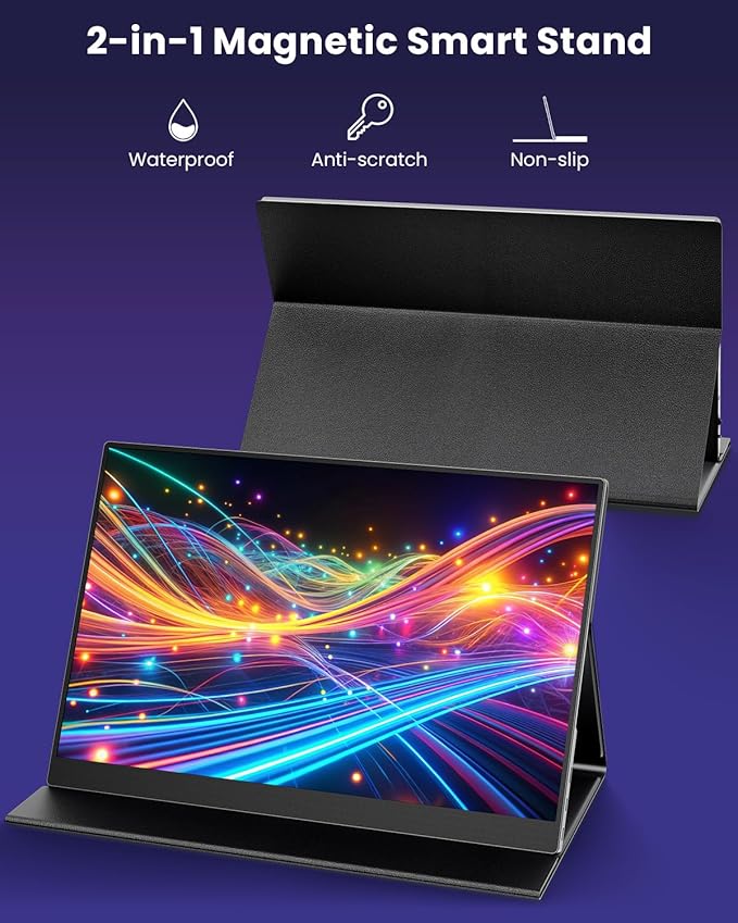 15.6 Inch Portable Computer Monitor, Portable Monitor for Laptop,PC,MacBook,Phone, PS4, 1080P FHD Display with HDMI USB-C, Built-in Speaker with Leather Case, Travel Work Home Gaming Monitors