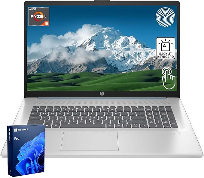 HP 17.3" Business Laptop, 17.3" HD+ Touchscreen, AMD Ryzen 5 7430U, 8GB RAM, 512GB PCIe SSD, Backlit Keyboard, Fingerprint Reader, Webcam, HDMI, Wi-Fi 6, Windows 11 Pro, Blue