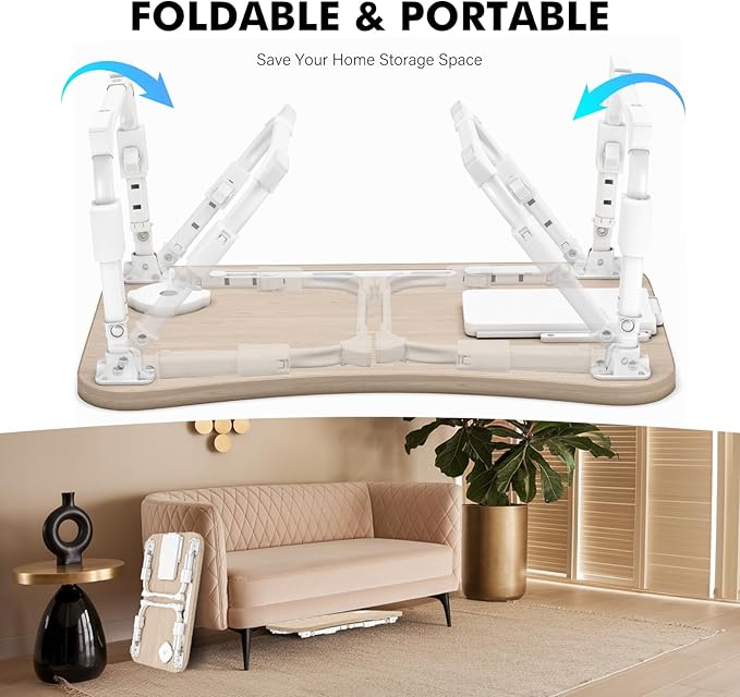 Lap Desk for Bed Adjustable Height, Foldable Bed Table with Storage Drawer, Tablet Slot & Cup Holder, Portable Laptop Stand for Bed & Sofa, Bed Desk for Adults & Kids, Glacier