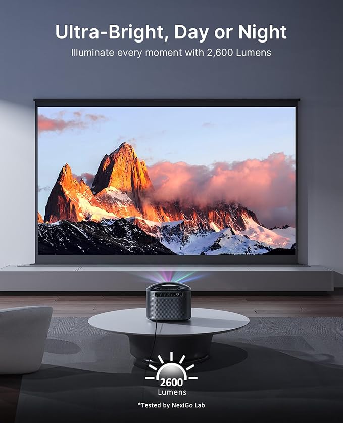 NexiGo TriVision Ultra, 4K Tri-LED-Laser Portable Projector, 2600 Lumens, No Laser Speckle, No Eye Strain, Dolby Vision, HDR10+, Backyard/Home Theater with 3D, 30W DTS Virtual:X, Fire TV Storage Slot