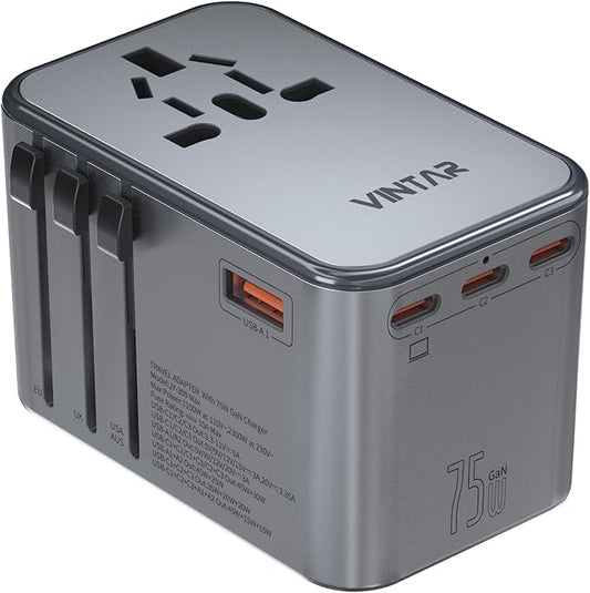 Universal Travel Adapter, VINTAR 75W GaN International Power Adapter with 3 USB-C PD and 2 USB-A QC Charging Ports, All-in-one Outlet Converter Wall Charger for Europe UK USA AUS(Type C/G/A/I), Grey