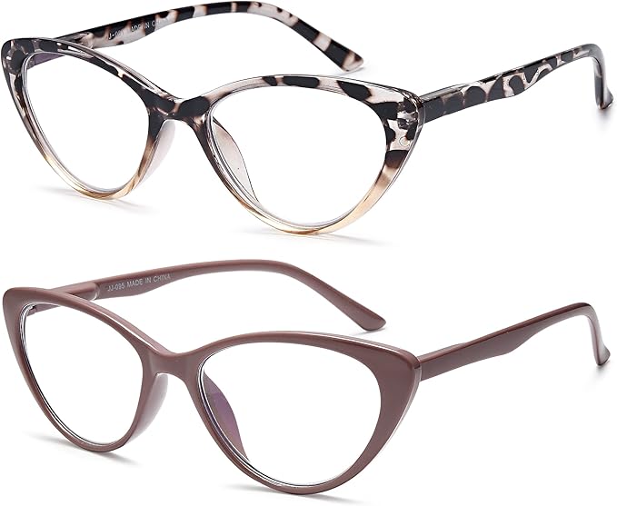EYEURL Cat Eye Reading Glasses for Women 2 Pair Blue Light Blocking Readers 1.75 Comfort Spring Hinge Lightweight Eyeglasses Anti Glare for Ladies