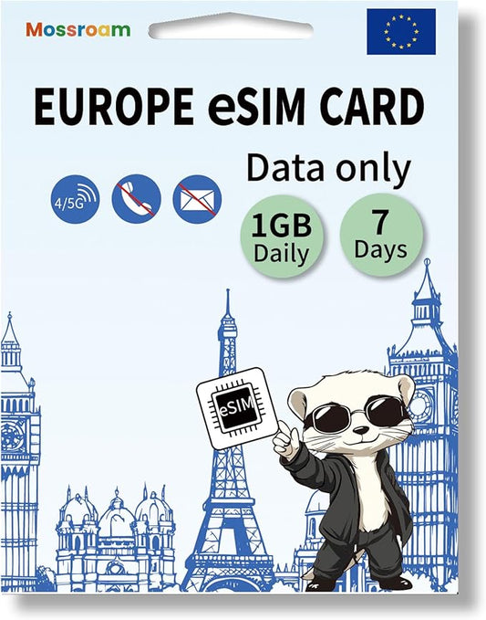 eSIM for Europe Travel,1GB Data/Daily 7 Days at 4G/5G speeds,Data Only eSIM,Use Europe eSIM in UK & 30+ Countries in The EU