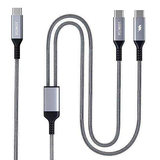 4ft 2-in-1 USB C Data Cable, Max 100W, Charge 2 Devices Simultaneously, Suitable for Fast Charging of i-Phone 17/16/16 Pro Max/15 Series, M-acBook Air/Pro, etc. (Braided, Black)