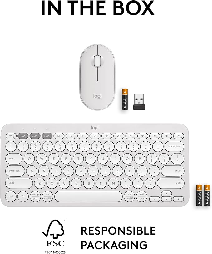 Logitech Pebble 2 Combo, Wireless Keyboard and Mouse, Quiet and Portable, Customizable, Logi Bolt, Bluetooth, Easy-Switch for Windows, macOS, iPadOS, Chrome - Tonal White