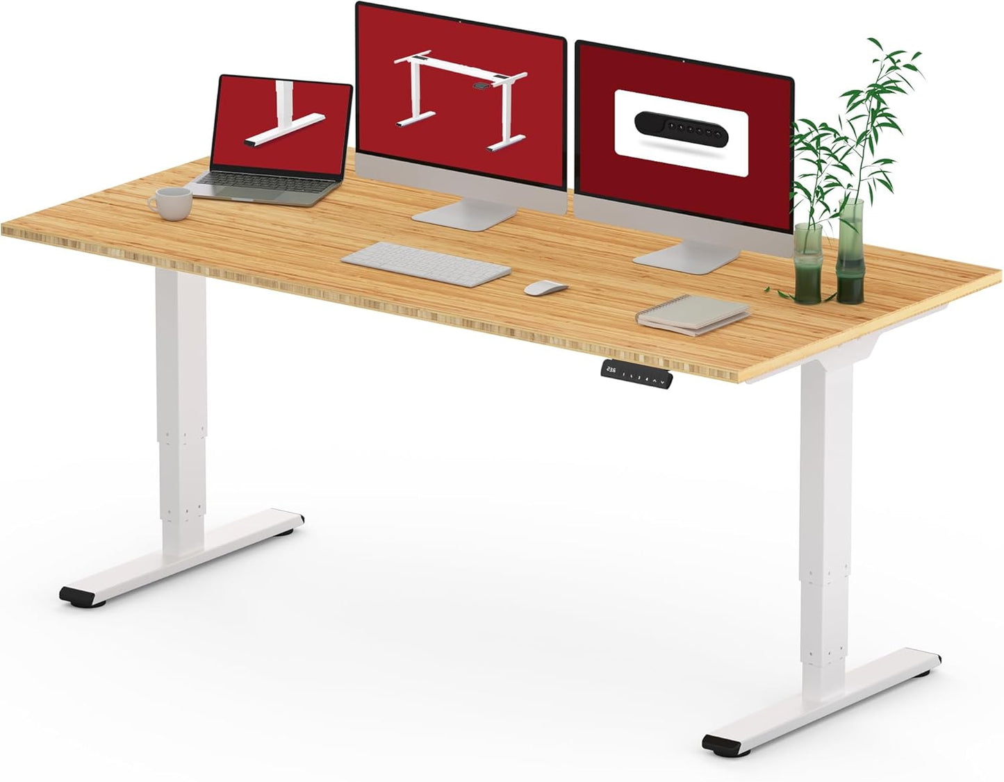 Standing Desk with Dual Motor, 3-Stage Lifting Column, Handset with 3 Preset and Sit-Stand Reminder - 60 inch Whole Piece Real Bamboo Desk/White Frame, Height Adjustable Desk for Home and Office