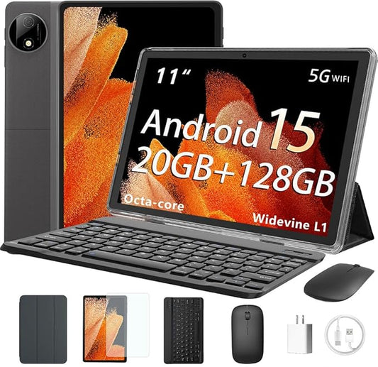 HUIHUANG Tablet 11 inch Android 15 Tablets, 20GB RAM 128GB ROM 1TB Expand, Octa-Core Processor, 8000mAh Battery, 1280x800 LCD Touch Screen, WiFi 5, Dual Camera, BT5.0 (Black)