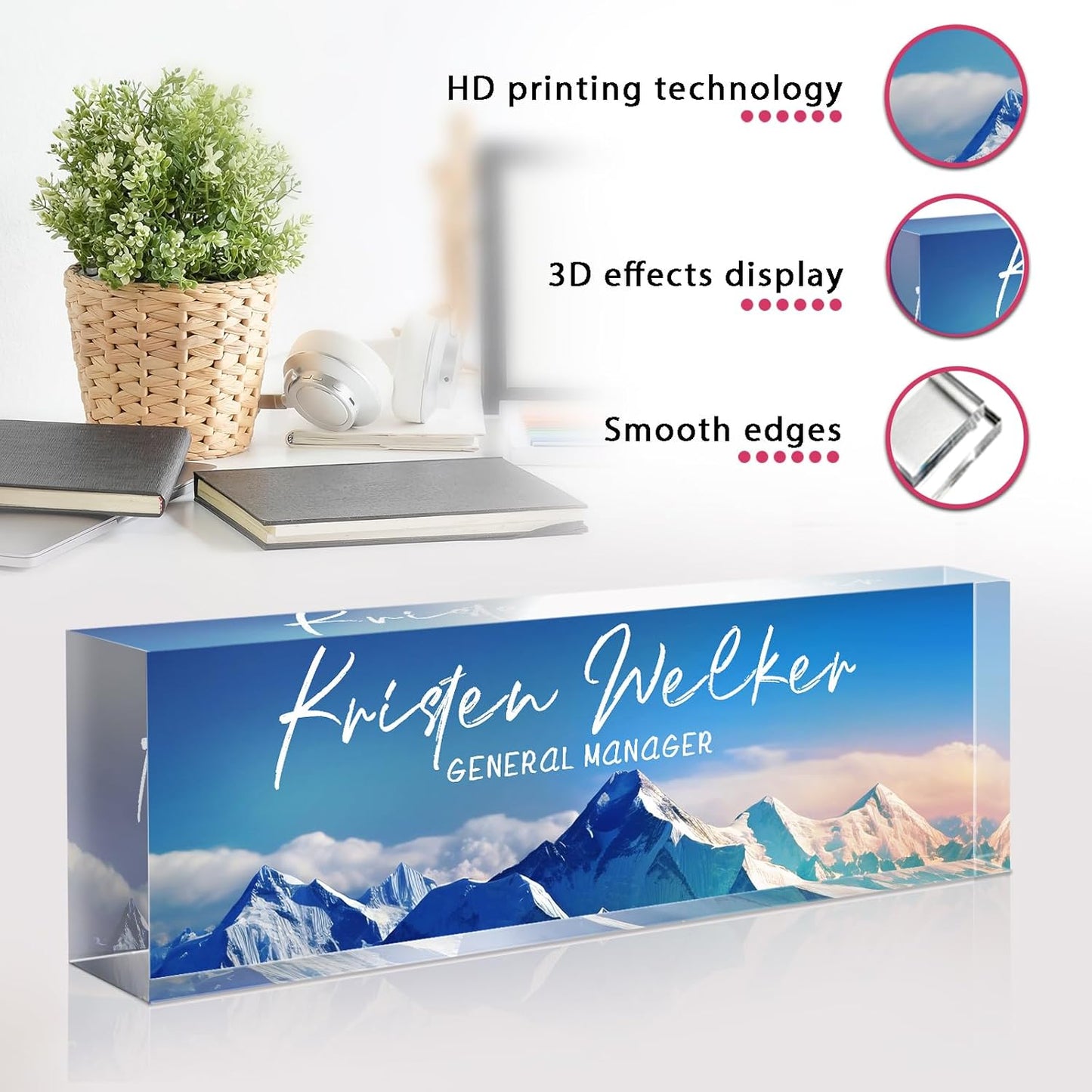 Personalized Name Plate for Desk - Custom Engraved Name Plates for Man - Boss Day Gifts for Boss - Acrylic Office Decor Appreciation Gifts for Teacher Nurse Coworker Social Worker (Blue Mount)