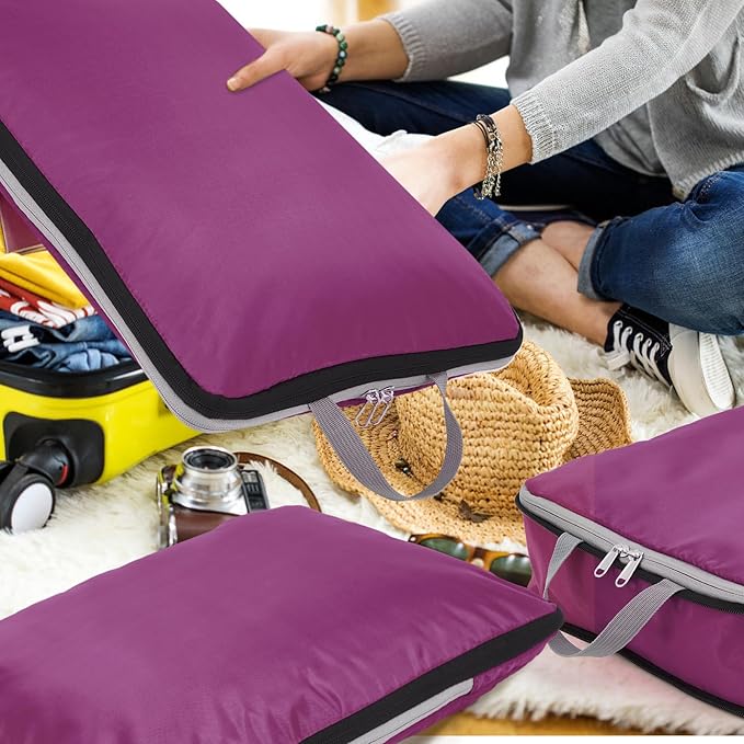 Hosuly 6 Pcs Large Compression Packing Cube Bag Travel Expandable Space Saving Organizers for Luggage Storage(Purple,17.3 x 12.6'')