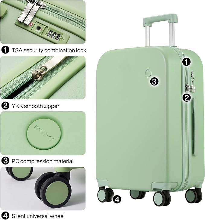 mixi Luggage Suitcase with Spinner Wheels, Hardside Rolling Suitcase PC with Cover & TSA Lock Lightweight Travel Case 26in Checked in, Avocado Green