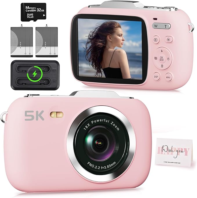Digital Camera,5K Cameras for Photography,80MP UHD Portable Vlogging Camera,Cheap 18X Zoom Travel Point and Shoot Camera with 32GB TF Card,Photography Cameras for Beginners Teen - Pink