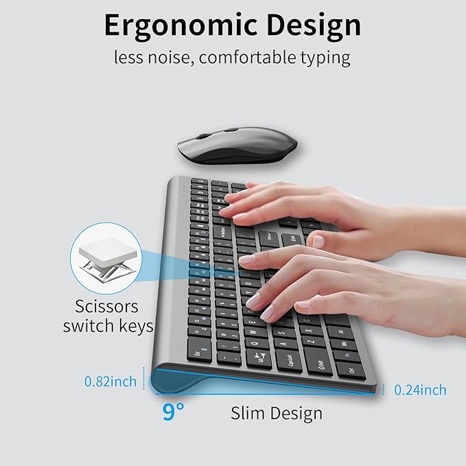 Wireless Mouse and Keyboard Combo, Silent Full-Size Computer Keyboard with Calculator Button, 2400 DPI Mouse, Quiet Click, Slim Cordless USB Set for Laptop PC Windows Mac - Space Grey