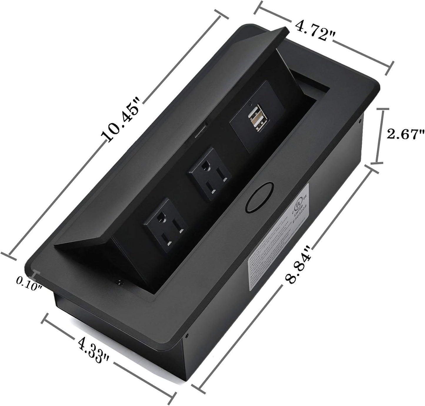 UL Listed Power Strip, Kungfuking Pop Up Power Cover Box Desktop Socket with Dual USB Charging Ports, Stainless Steel Receptacle Outlet for Conference Room Countertop (Black)