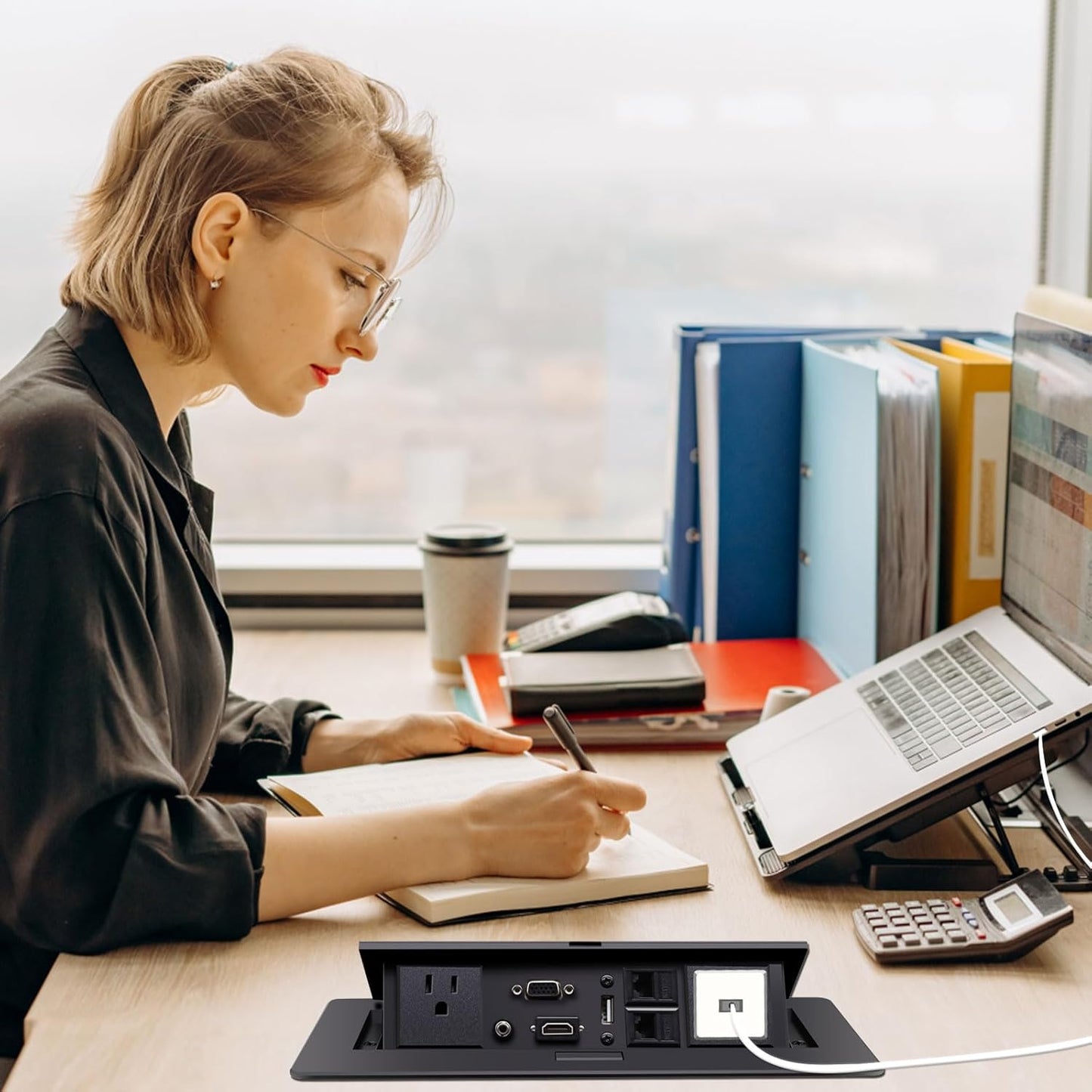 Pop Up Outlet; Pop up Power Strip; Embedded countertop Connection Outlet Box; 2 Power Outlets,HDMI USB VGA 3.5mm Audio Network Port Conference Table Multimedia Outlet Box - Black