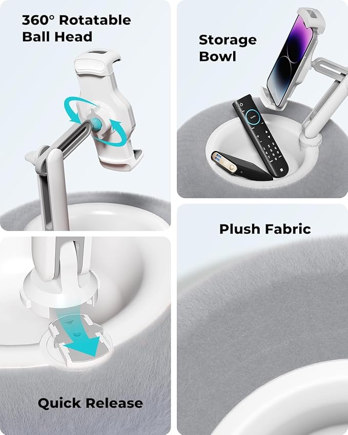 Viozon Tablet Stand Pillow, Compatible with 4.7"-13" Phone/Tablet, iPad, iPhone, Samsung, Google, Kindle, 360°Adjustable Phone Holder for Bed with Soft Plush Fabric, and Detachable Bowl, Grey