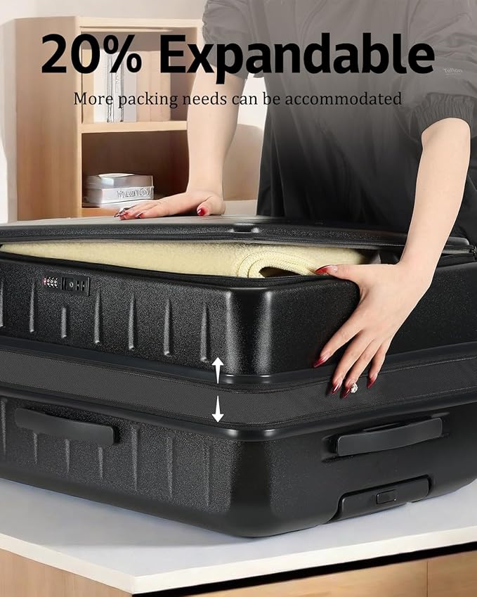 Expandable Checked Luggage, 28 Inch Luggage with Spinner Wheels, Lightweight ABS+PC Hard Shell Large Suitcase with Top Opening, TSA Lock (Black, 1PC)