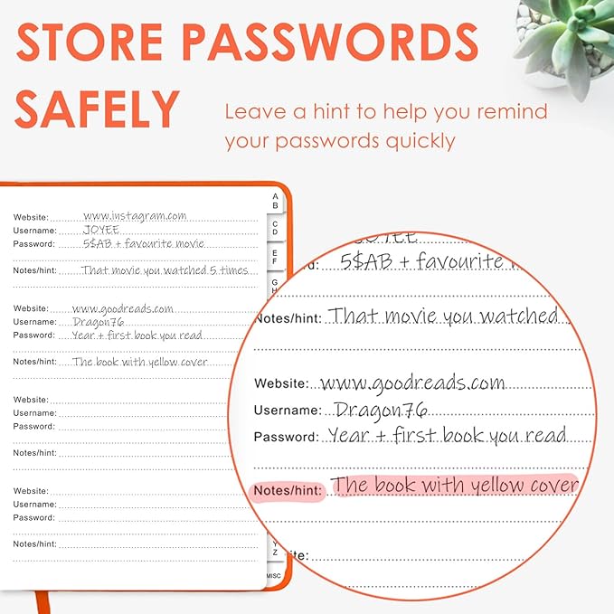 Elegant Password Book with Alphabetical Tabs - Hardcover Password Book for Internet Website Address Login - 7" x 10" Password Keeper and Organizer w/Notes Section & Back Pocket (Orange)