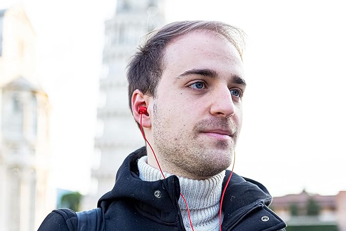 LUDOS Ultra Wired Earbuds in-Ear Headphones, 5 Years Warranty, Earphones with Microphone, Noise Isolating Ear Buds, Memory Foam for iPhone, Samsung, School Students, Kids, Women, Small Ears - Red