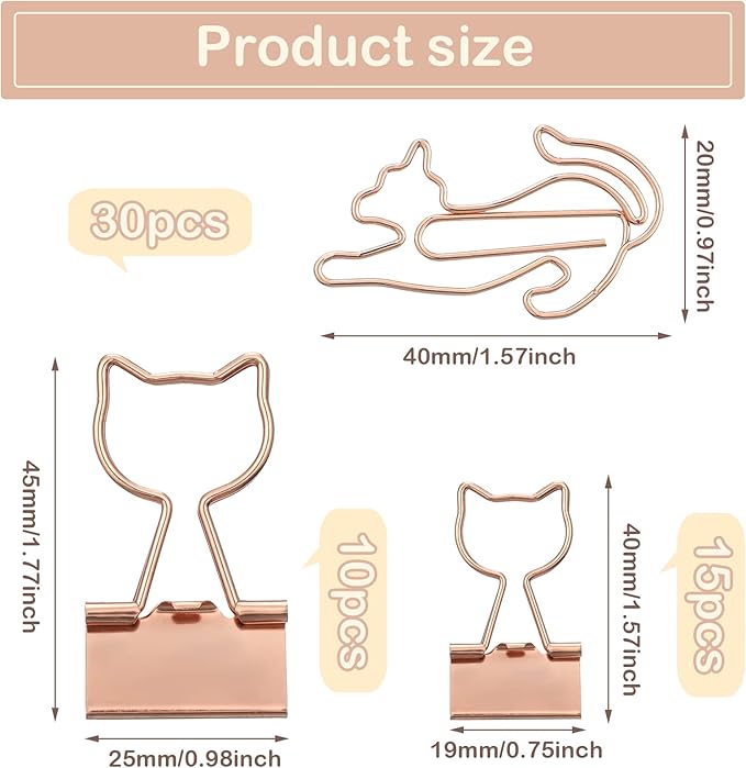 Eersida 55 Pieces Cat Binder Clips 30 Pcs Cute Metal Paper Clips and 2 Size 25 Pcs Rose Gold Pet Binder with Clear Box Fun Animal Supplies for School Office Paper Bookmark Cat Lovers Gift