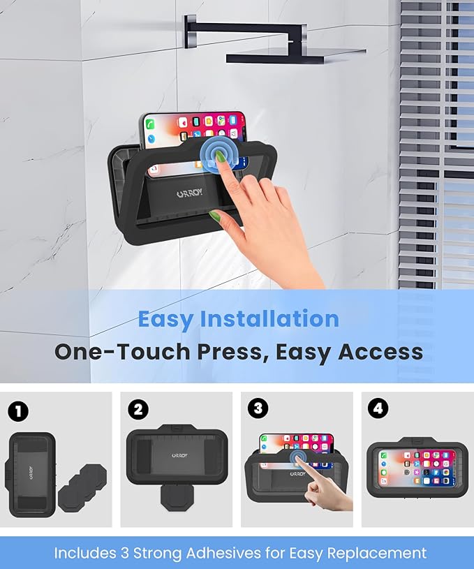 URROY Shower Phone Holder Waterproof One-Touch Open Shower Phone Case Anti-Fog & Sensitive Touchscreen Bathroom Wall Phone Mount Stand Universal Fit for iPhone & Smartphones Gift for Men Women Black