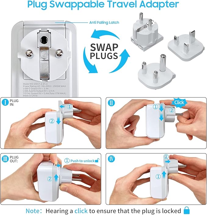 South Africa Power Adapter Kit, VINTAR International Plug Adapter with 3 USB Ports (2 USB C, 3.4A) 2 American Outlets, Type M,G,E/F Detachable Attachments, Adapter for US to Africa Botswana Morocco